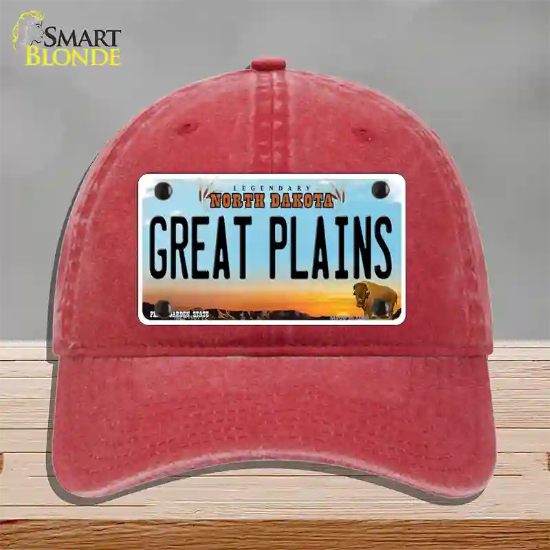 Great Plains North Dakota Novelty License Plate Hat Unconstructed Cotton / Red