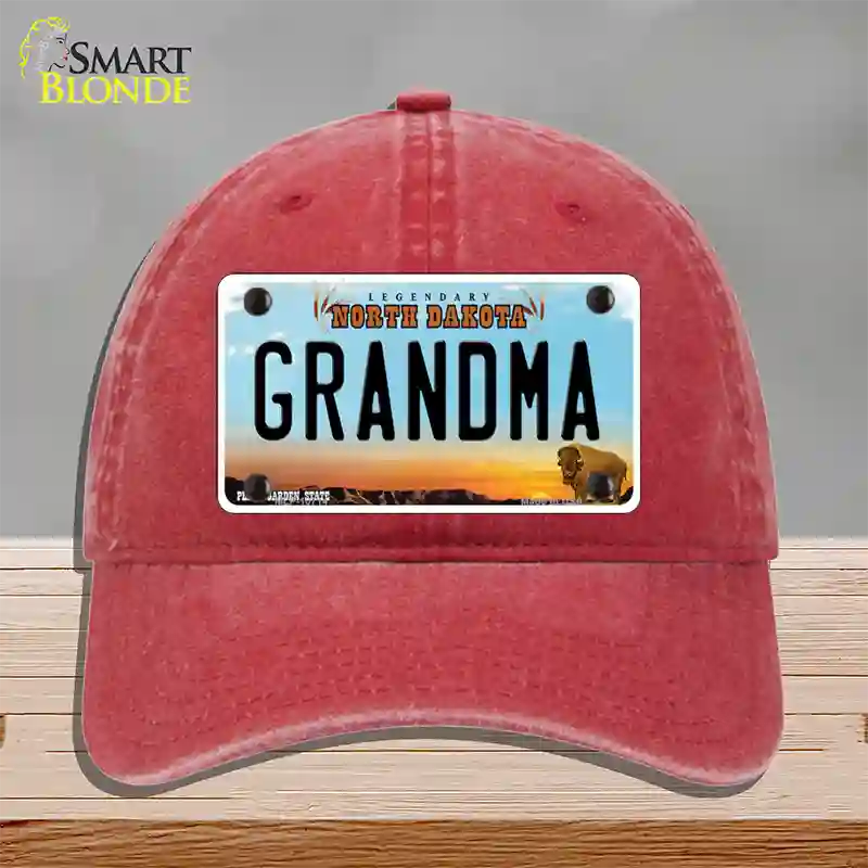 Grandma North Dakota Novelty License Plate Hat Unconstructed Cotton / Red