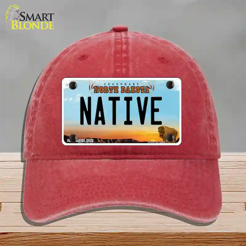 Native North Dakota Novelty License Plate Hat Unconstructed Cotton / Red