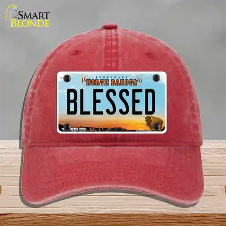 Blessed North Dakota Novelty License Plate Hat Unconstructed Cotton / Red