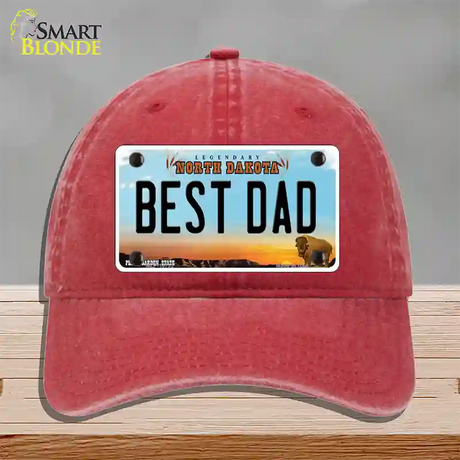 Best Dad North Dakota Novelty License Plate Hat Unconstructed Cotton / Red