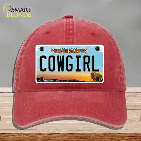 Cowgirl North Dakota Novelty License Plate Hat Unconstructed Cotton / Red