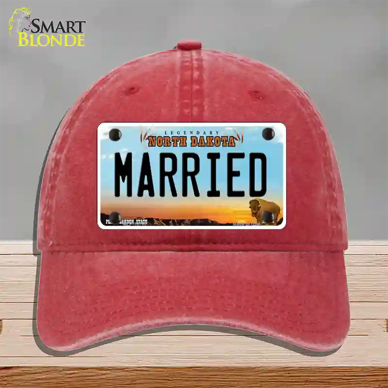 Married North Dakota Novelty License Plate Hat Unconstructed Cotton / Red