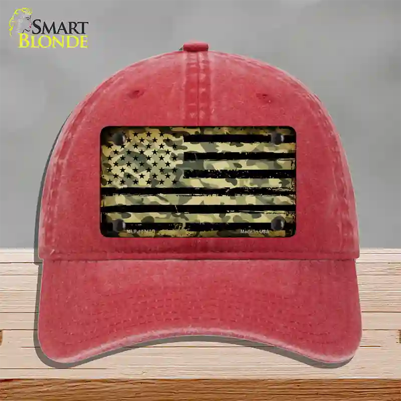 Camo American Flag Novelty License Plate Hat Unconstructed Cotton / Red