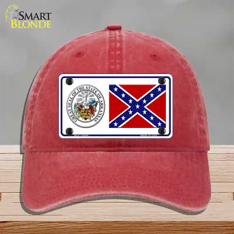 Confederate Flag Arkansas Seal Novelty License Plate Hat Unconstructed Cotton / Red