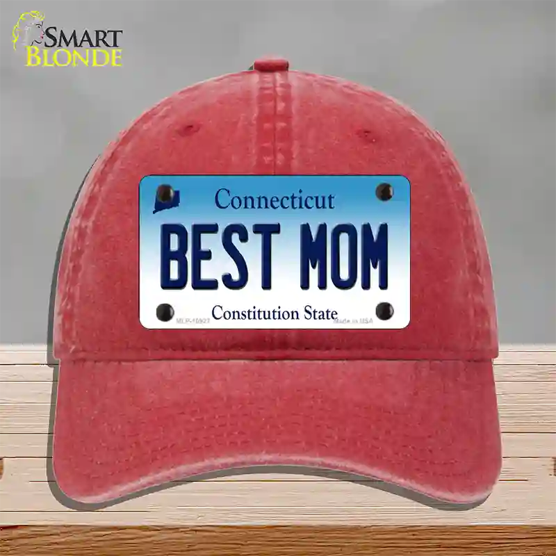 Best Mom Connecticut Novelty License Plate Hat Unconstructed Cotton / Red