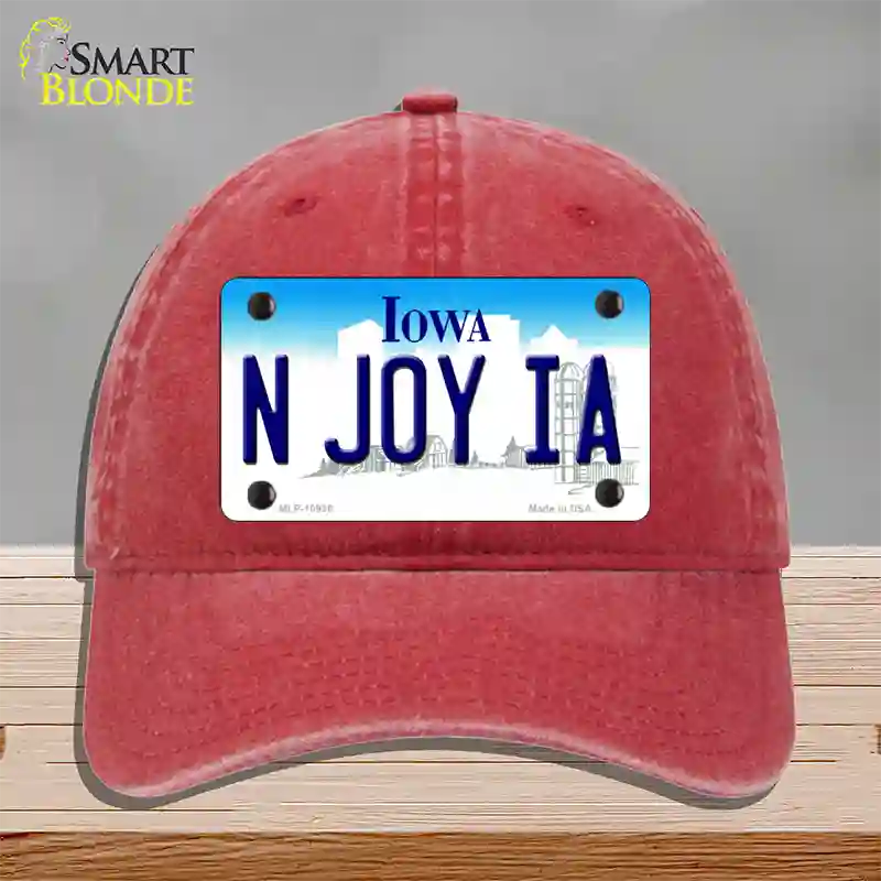 N Joy IA Iowa Novelty License Plate Hat Unconstructed Cotton / Red