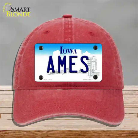 Ames Iowa Novelty License Plate Hat Unconstructed Cotton / Red