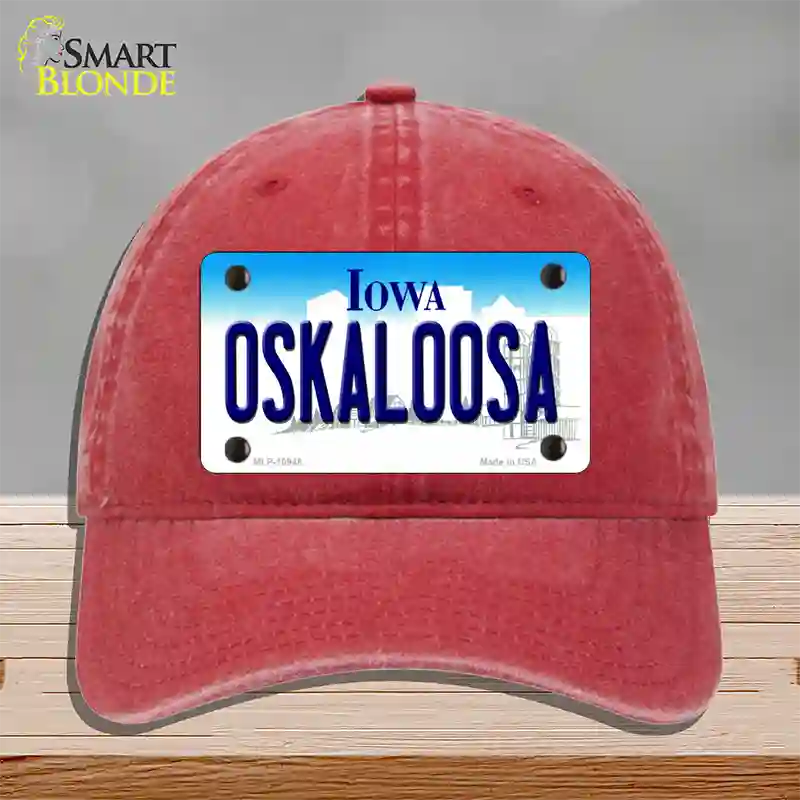 Oskaloosa Iowa Novelty License Plate Hat Unconstructed Cotton / Red