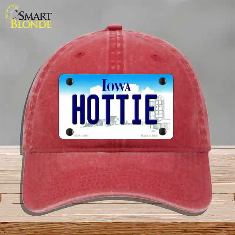 Hottie Iowa Novelty License Plate Hat Unconstructed Cotton / Red