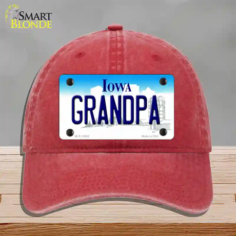 Grandpa Iowa Novelty License Plate Hat Unconstructed Cotton / Red