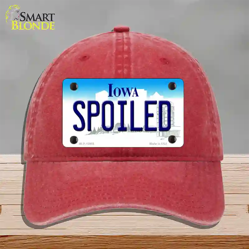 Spoiled Iowa Novelty License Plate Hat Unconstructed Cotton / Red