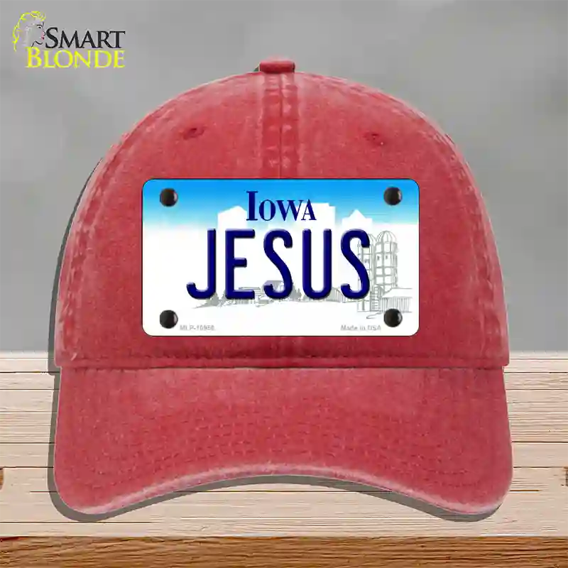 Jesus Iowa Novelty License Plate Hat Unconstructed Cotton / Red