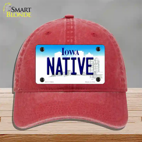 Native Iowa Novelty License Plate Hat Unconstructed Cotton / Red