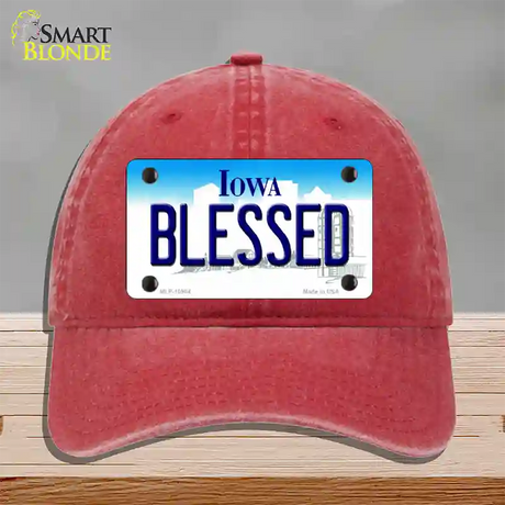 Blessed Iowa Novelty License Plate Hat Unconstructed Cotton / Red