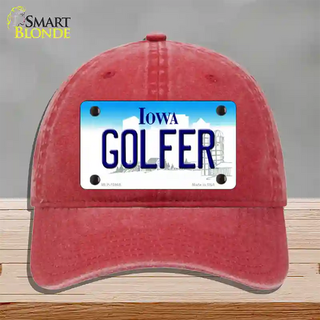 Golfer Iowa Novelty License Plate Hat Unconstructed Cotton / Red