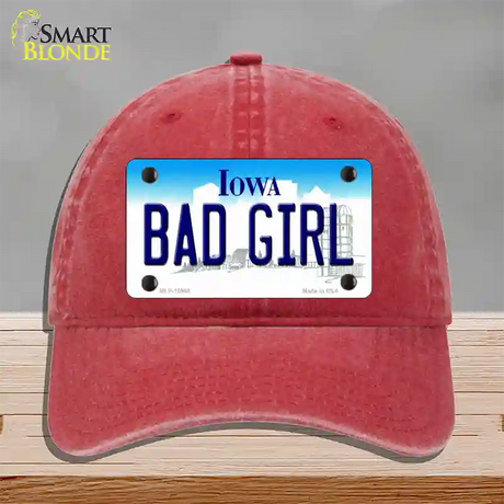 Bad Girl Iowa Novelty License Plate Hat Unconstructed Cotton / Red