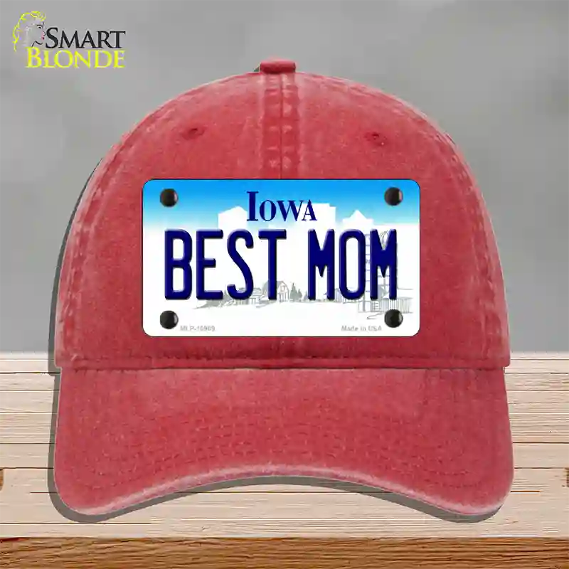 Best Mom Iowa Novelty License Plate Hat Unconstructed Cotton / Red