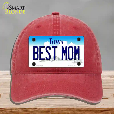 Best Mom Iowa Novelty License Plate Hat Unconstructed Cotton / Red