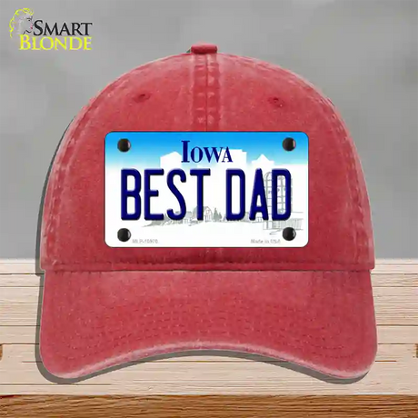 Best Dad Iowa Novelty License Plate Hat Unconstructed Cotton / Red