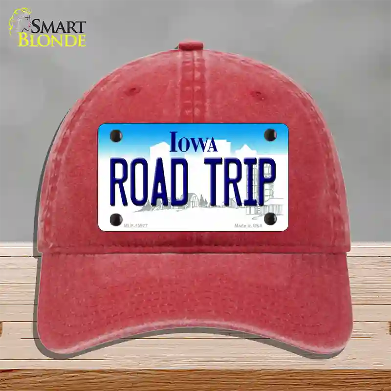 Road Trip Iowa Novelty License Plate Hat Unconstructed Cotton / Red