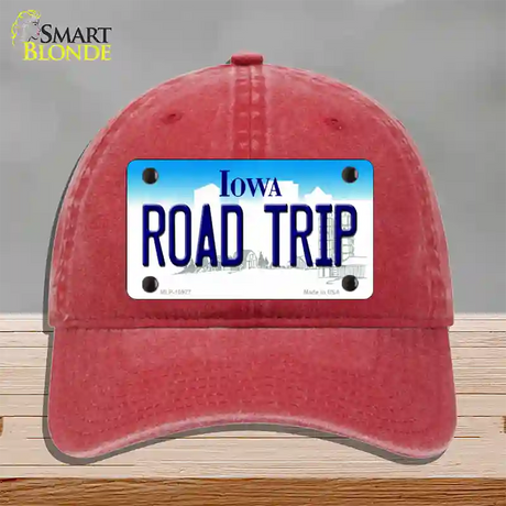 Road Trip Iowa Novelty License Plate Hat Unconstructed Cotton / Red