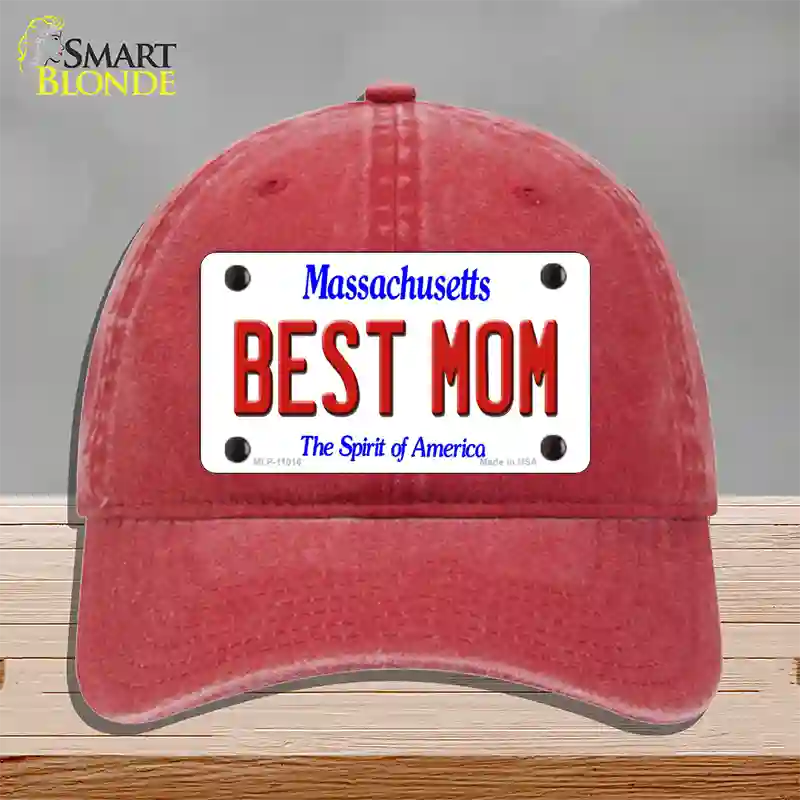 Best Mom Massachusetts Novelty License Plate Hat Unconstructed Cotton / Red