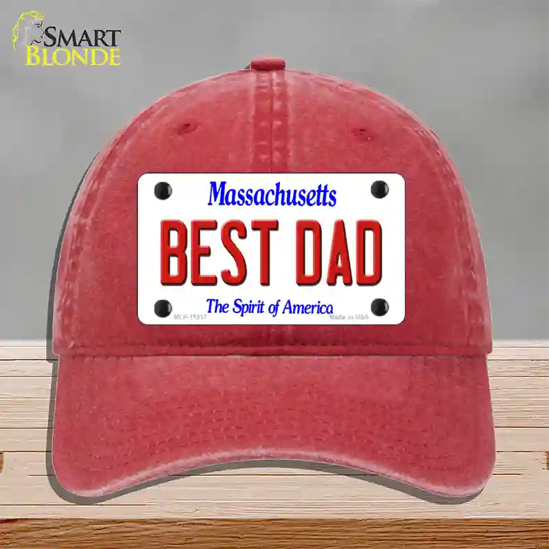 Best Dad Massachusetts Novelty License Plate Hat Unconstructed Cotton / Red