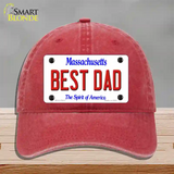 Best Dad Massachusetts Novelty License Plate Hat Unconstructed Cotton / Red