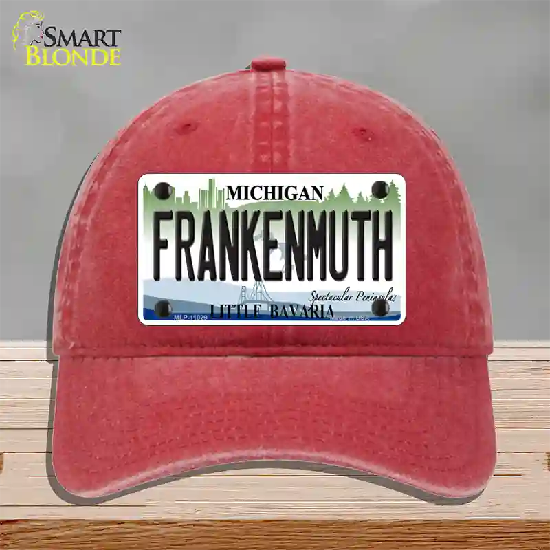 Frankenmuth Michigan Novelty License Plate Hat Unconstructed Cotton / Red