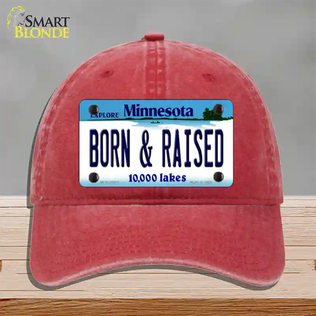 Born and Raised Minnesota State Novelty License Plate Hat Unconstructed Cotton / Red