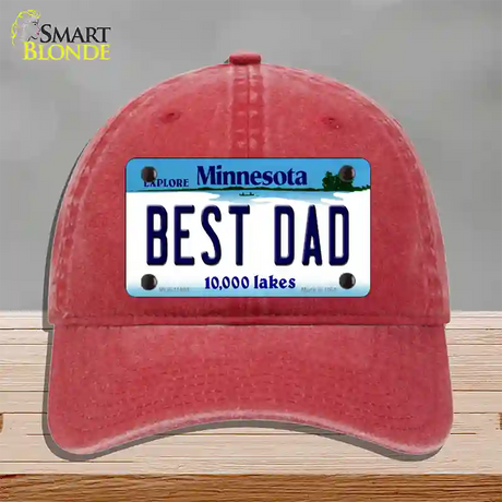 Best Dad Minnesota State Novelty License Plate Hat Unconstructed Cotton / Red