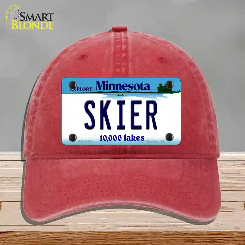 Skier Minnesota State Novelty License Plate Hat Unconstructed Cotton / Red