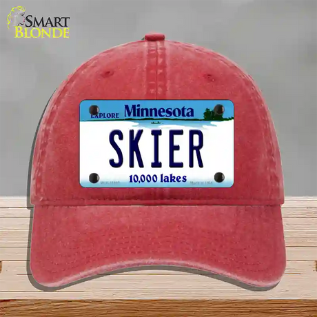 Skier Minnesota State Novelty License Plate Hat Unconstructed Cotton / Red