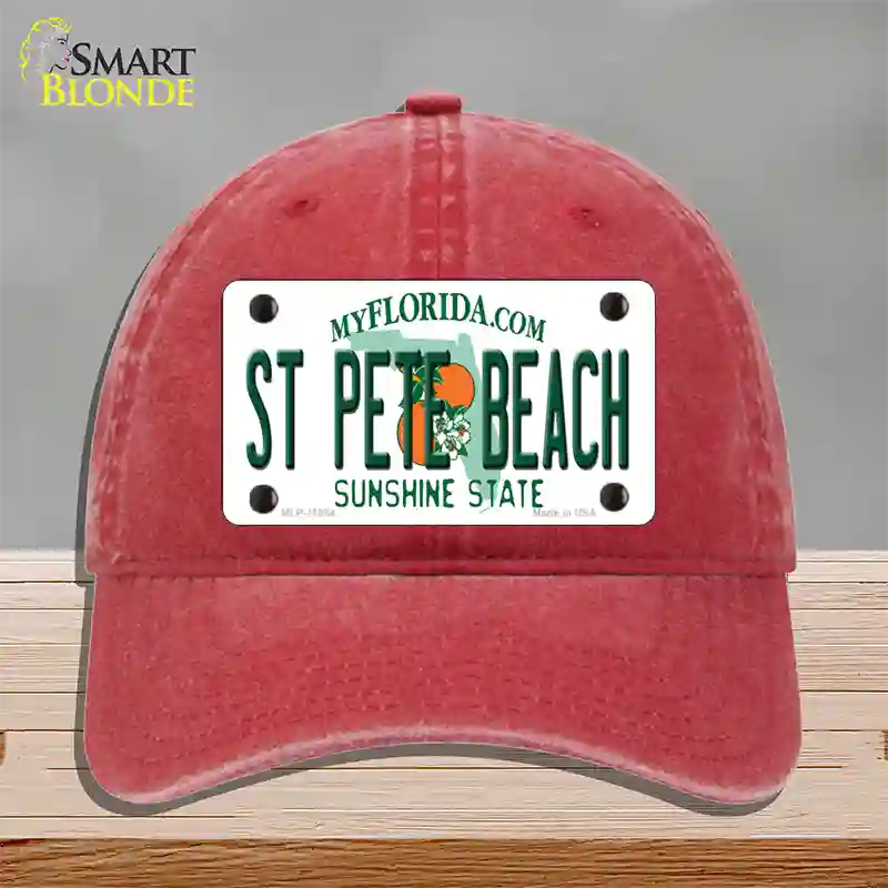 St Pete Beach Florida Novelty License Plate Hat Unconstructed Cotton / Red