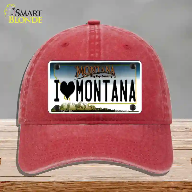 I Love Montana State Novelty License Plate Hat Unconstructed Cotton / Red