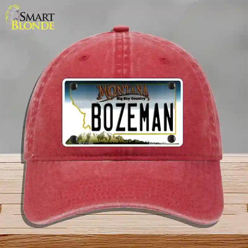 Bozeman Montana State Novelty License Plate Hat Unconstructed Cotton / Red