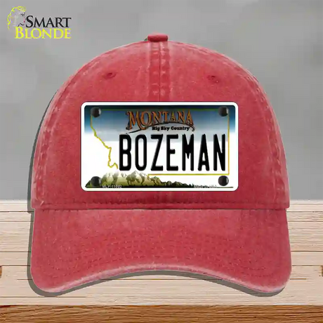 Bozeman Montana State Novelty License Plate Hat Unconstructed Cotton / Red