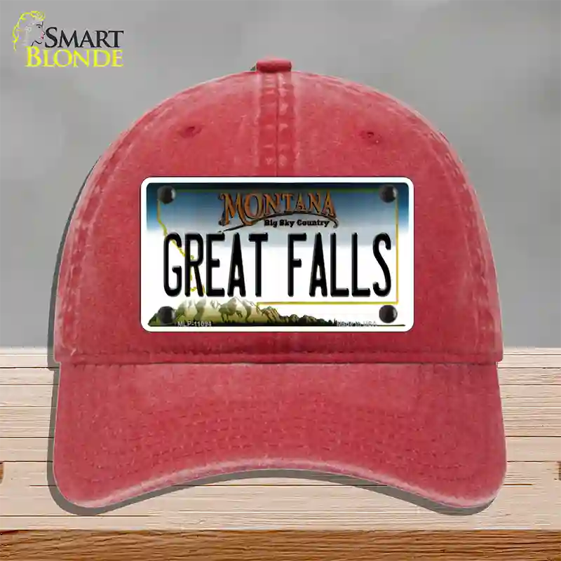 Great Falls Montana State Novelty License Plate Hat Unconstructed Cotton / Red