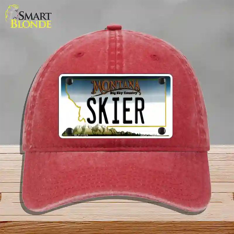 Skier Montana State Novelty License Plate Hat Unconstructed Cotton / Red