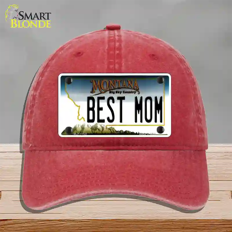 Best Mom Montana State Novelty License Plate Hat Unconstructed Cotton / Red