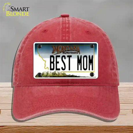 Best Mom Montana State Novelty License Plate Hat Unconstructed Cotton / Red