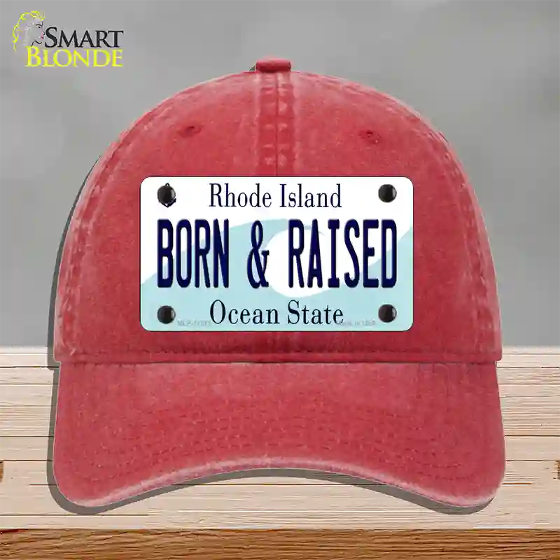 Born and Raised Rhode Island State Novelty License Plate Hat Unconstructed Cotton / Red