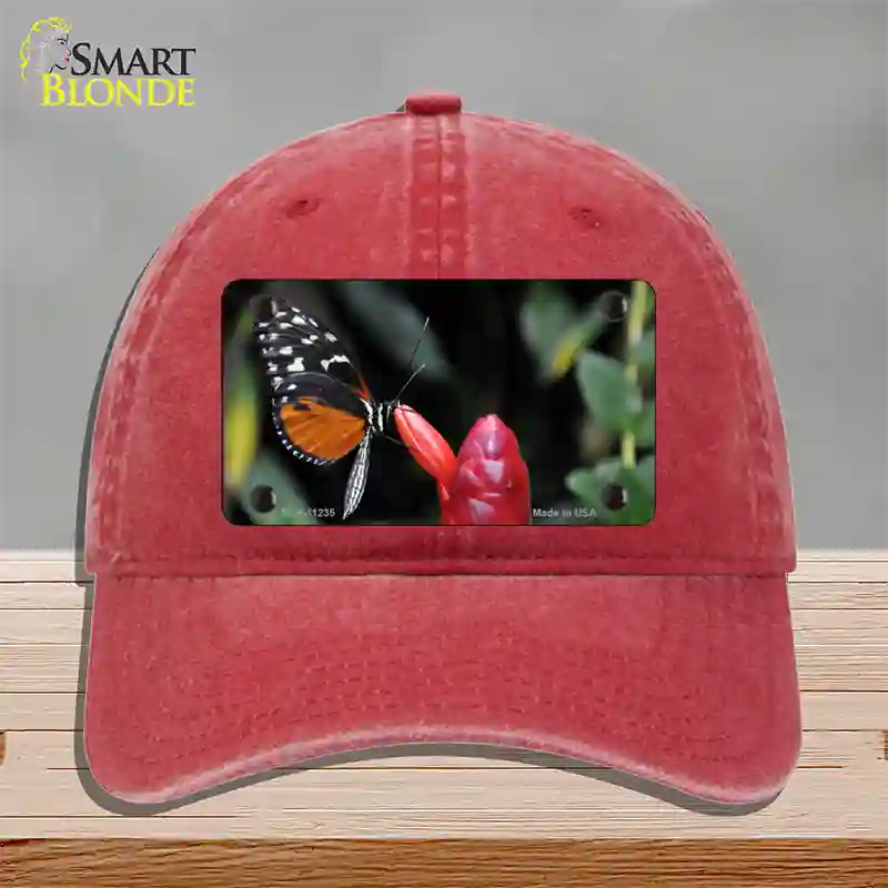 Butterfly On Red Flower Novelty License Plate Hat Unconstructed Cotton / Red