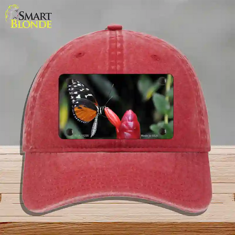 Butterfly On Red Flower Novelty License Plate Hat Unconstructed Cotton / Red