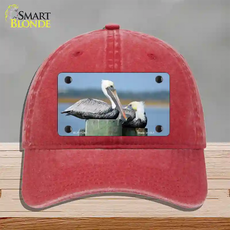 Pelican Two On Pier Novelty License Plate Hat Unconstructed Cotton / Red