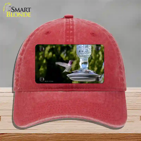 Hummingbird At Feeder Novelty License Plate Hat Unconstructed Cotton / Red