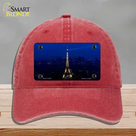 Eiffel Tower Night With City Skyline Novelty License Plate Hat Unconstructed Cotton / Red