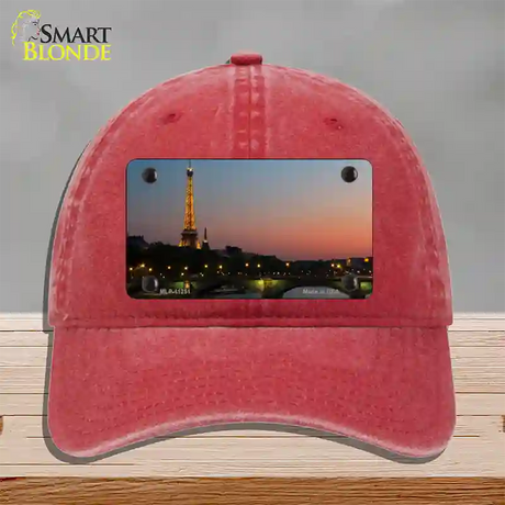 Eiffel Tower Night With River and Bridge Novelty License Plate Hat Unconstructed Cotton / Red