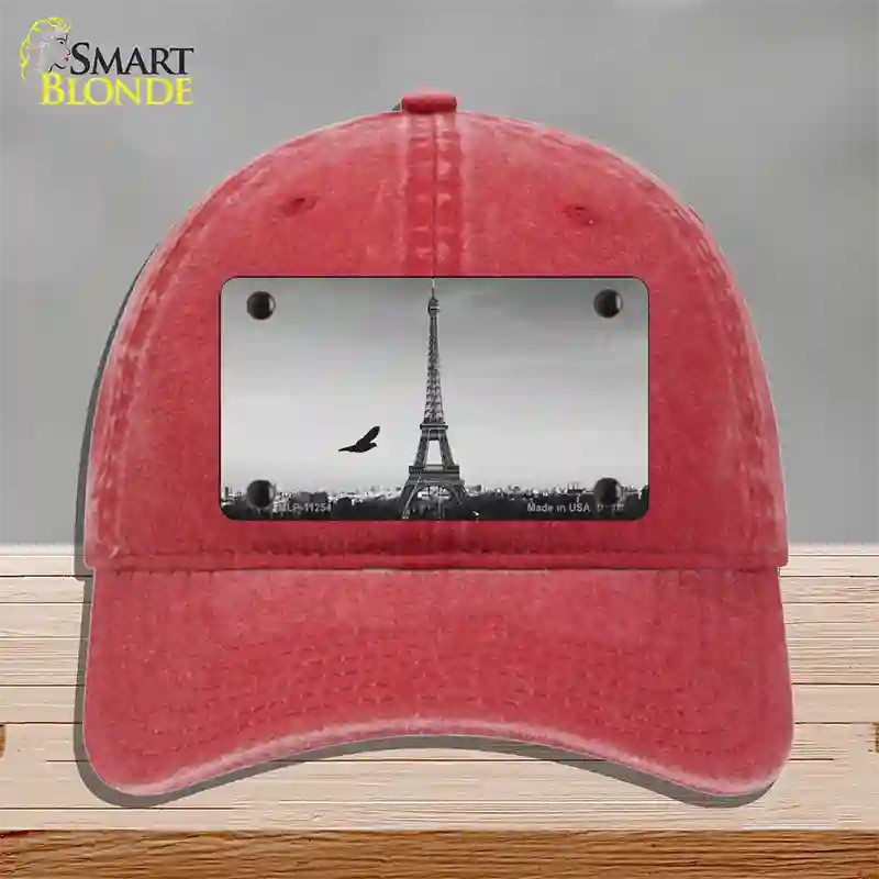 Eiffel Tower Black and White With Bird Novelty License Plate Hat Unconstructed Cotton / Red